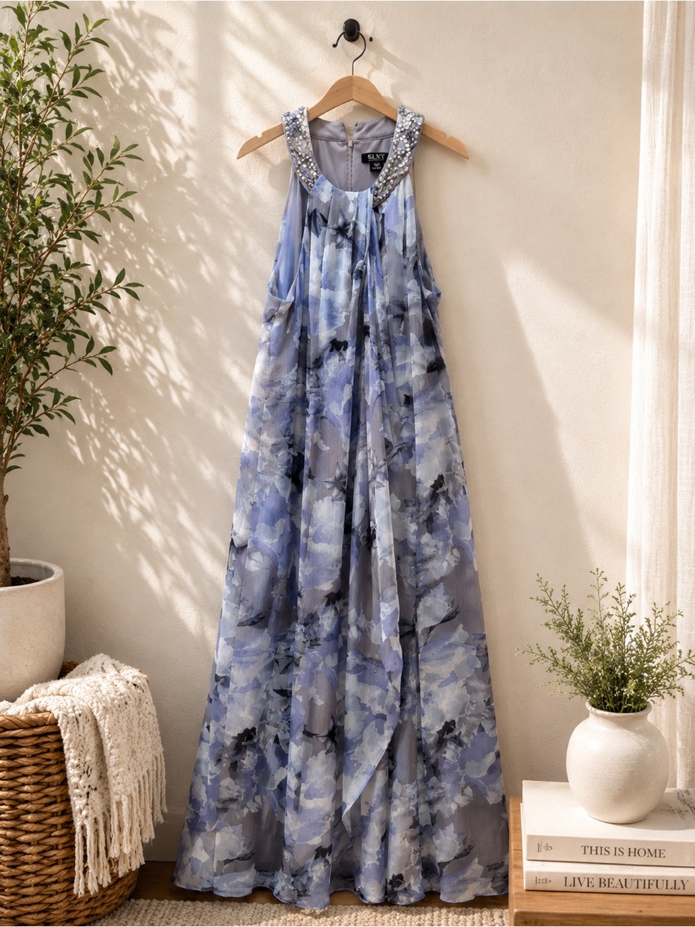 SLNY Light Blue Floral Halter Evening Gown